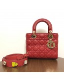 CHRISTIAN DIOR Small Lady Dior Handbag with ABC Shoulder Strap in Red Cannage Lambskin – GHW