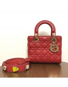CHRISTIAN DIOR Small Lady Dior Handbag with ABC Shoulder Strap in Red Cannage Lambskin – GHW
