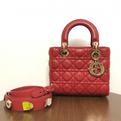 CHRISTIAN DIOR Small Lady Dior Handbag with ABC Shoulder Strap in Red Cannage Lambskin – GHW