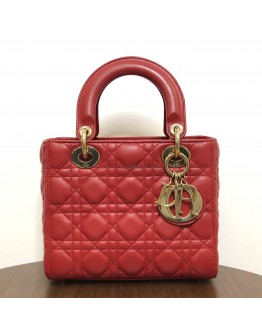 CHRISTIAN DIOR Small Lady Dior Handbag with ABC Shoulder Strap in Red Cannage Lambskin – GHW