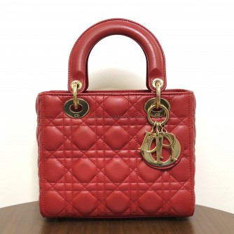 CHRISTIAN DIOR Small Lady Dior Handbag with ABC Shoulder Strap in Red Cannage Lambskin – GHW