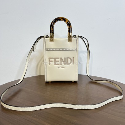 FENDI Mini Sunshine Shopper Mini Bag in Off White Calfskin with Shoulder Strap – GHW
