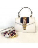 GUCCI Sylvie Mini Top Handle Bag in Off White Calfskin with Twisted Web Strap & Leather Strap – GHW