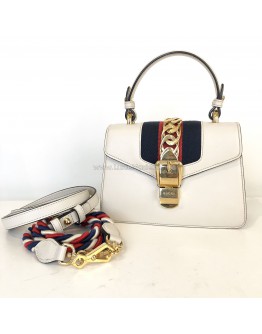 GUCCI Sylvie Mini Top Handle Bag in Off White Calfskin with Twisted Web Strap & Leather Strap – GHW