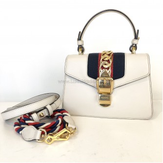 GUCCI Sylvie Mini Top Handle Bag in Off White Calfskin with Twisted Web Strap & Leather Strap – GHW