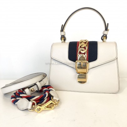 GUCCI Sylvie Mini Top Handle Bag in Off White Calfskin with Twisted Web Strap & Leather Strap – GHW