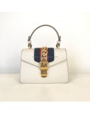 GUCCI Sylvie Mini Top Handle Bag in Off White Calfskin with Twisted Web Strap & Leather Strap – GHW