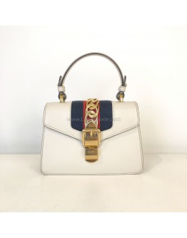 GUCCI Sylvie Mini Top Handle Bag in Off White Calfskin with Twisted Web Strap & Leather Strap – GHW