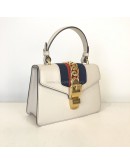 GUCCI Sylvie Mini Top Handle Bag in Off White Calfskin with Twisted Web Strap & Leather Strap – GHW