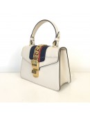 GUCCI Sylvie Mini Top Handle Bag in Off White Calfskin with Twisted Web Strap & Leather Strap – GHW