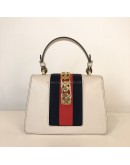 GUCCI Sylvie Mini Top Handle Bag in Off White Calfskin with Twisted Web Strap & Leather Strap – GHW