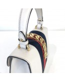 GUCCI Sylvie Mini Top Handle Bag in Off White Calfskin with Twisted Web Strap & Leather Strap – GHW
