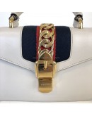 GUCCI Sylvie Mini Top Handle Bag in Off White Calfskin with Twisted Web Strap & Leather Strap – GHW