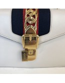 GUCCI Sylvie Mini Top Handle Bag in Off White Calfskin with Twisted Web Strap & Leather Strap – GHW