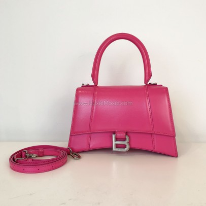 BALENCIAGA Small Hourglass Handbag in Pink Shiny Box Calfskin – SHW (Receipt Year 2019)
