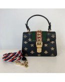 GUCCI Sylvie Mini Top Handle Bag in Black Calfskin with Bee & Star – GHW