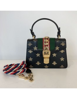 GUCCI Sylvie Mini Top Handle Bag in Black Calfskin with Bee & Star – GHW