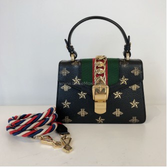 GUCCI Sylvie Mini Top Handle Bag in Black Calfskin with Bee & Star – GHW