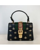GUCCI Sylvie Mini Top Handle Bag in Black Calfskin with Bee & Star – GHW