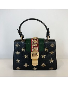 GUCCI Sylvie Mini Top Handle Bag in Black Calfskin with Bee & Star – GHW