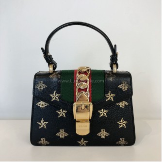 GUCCI Sylvie Mini Top Handle Bag in Black Calfskin with Bee & Star – GHW