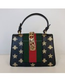 GUCCI Sylvie Mini Top Handle Bag in Black Calfskin with Bee & Star – GHW