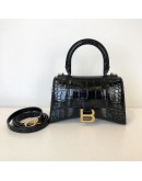 BALENCIAGA XS Mini Hourglass Handbag in Black Croc Embossed Calfskin – GHW