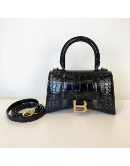 BALENCIAGA XS Mini Hourglass Handbag in Black Croc Embossed Calfskin – GHW