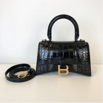 BALENCIAGA XS Mini Hourglass Handbag in Black Croc Embossed Calfskin – GHW