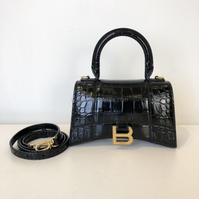 BALENCIAGA XS Mini Hourglass Handbag in Black Croc Embossed Calfskin – GHW