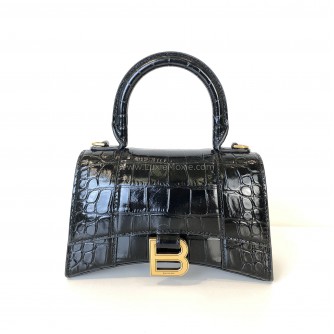 BALENCIAGA XS Mini Hourglass Handbag in Black Croc Embossed Calfskin – GHW