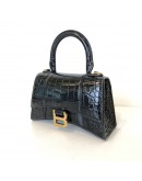 BALENCIAGA XS Mini Hourglass Handbag in Black Croc Embossed Calfskin – GHW