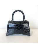 BALENCIAGA XS Mini Hourglass Handbag in Black Croc Embossed Calfskin – GHW