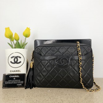 CHANEL Vintage Small Camera Bag with CC Stitch Mark & Fringe in Black Lambskin - GHW