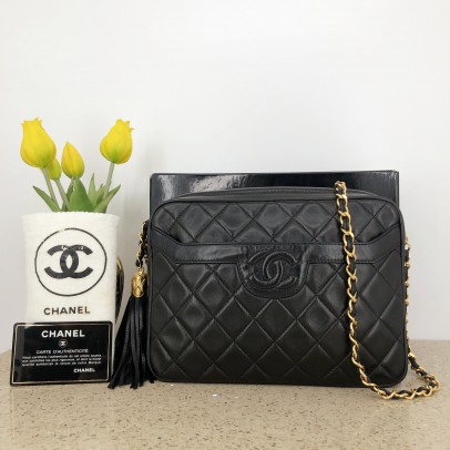 CHANEL Vintage Small Camera Bag with CC Stitch Mark & Fringe in Black Lambskin - GHW