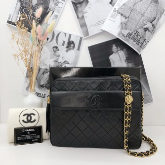 CHANEL Medium Camera Bag with CC Logo Flap & Fringe in Black Lambskin – GHW