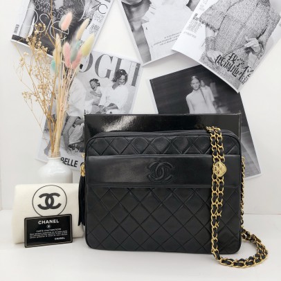 CHANEL Medium Camera Bag with CC Logo Flap & Fringe in Black Lambskin – GHW
