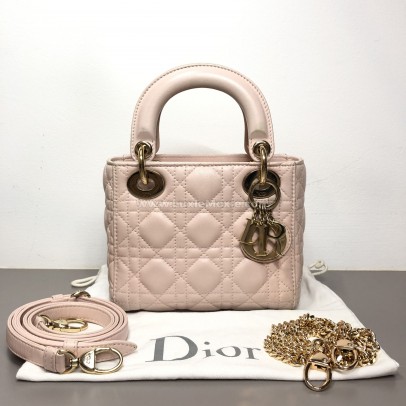 CHRISTIAN DIOR Mini Lady Dior Handbag with Shoulder Strap in Light Pink Cannage Lambskin – GHW (Year 2014)