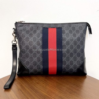 GUCCI Grey GG Supreme with Navy Reb Web Stripe Clutch Bag – SHW