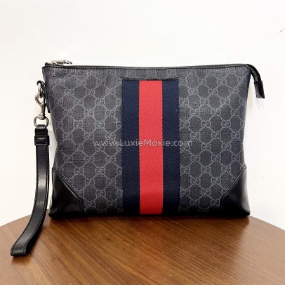 GUCCI Grey GG Supreme with Navy Reb Web Stripe Clutch Bag – SHW