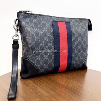 GUCCI Grey GG Supreme with Navy Reb Web Stripe Clutch Bag – SHW