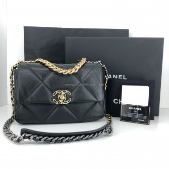 CHANEL 19 Handbag (Small) in Black Shiny Lambskin – Tri Tone Hardware (31 Series – Year 2021)