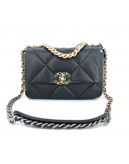 CHANEL 19 Handbag (Small) in Black Shiny Lambskin – Tri Tone Hardware (31 Series – Year 2021)