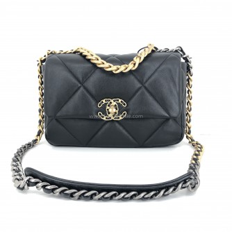 CHANEL 19 Handbag (Small) in Black Shiny Lambskin – Tri Tone Hardware (31 Series – Year 2021)