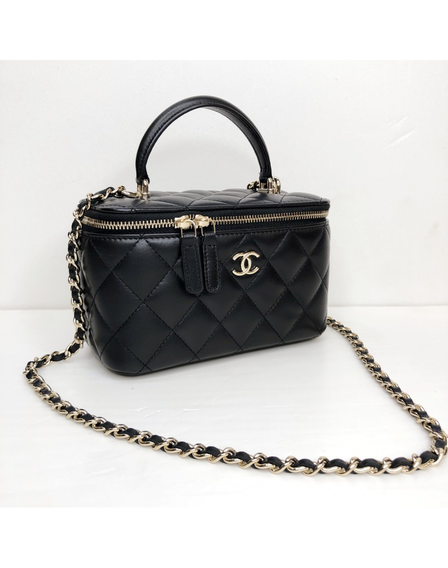 Brand New Authentic In Box Chanel Vanity Case Mini Chain Bag Black Caviar  GHW