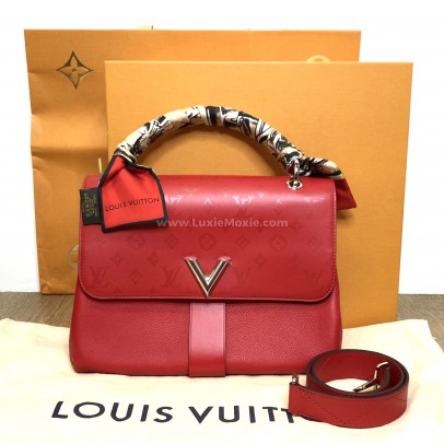 LOUIS VUITTON Very One Handle Bag Monogram Leather in Rubis (Red) with Shoulder Strap – SHW [tied with original LV Silk Twilly]