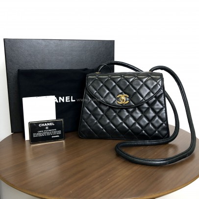 CHANEL Vintage Turn Lock Black Lambskin Shoulder/Crossbody Flap Bag - GHW