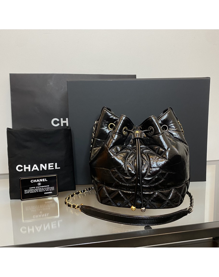 CHANEL CC Drawstring Mini Bucket Bag in Black Shiny Aged Calfskin