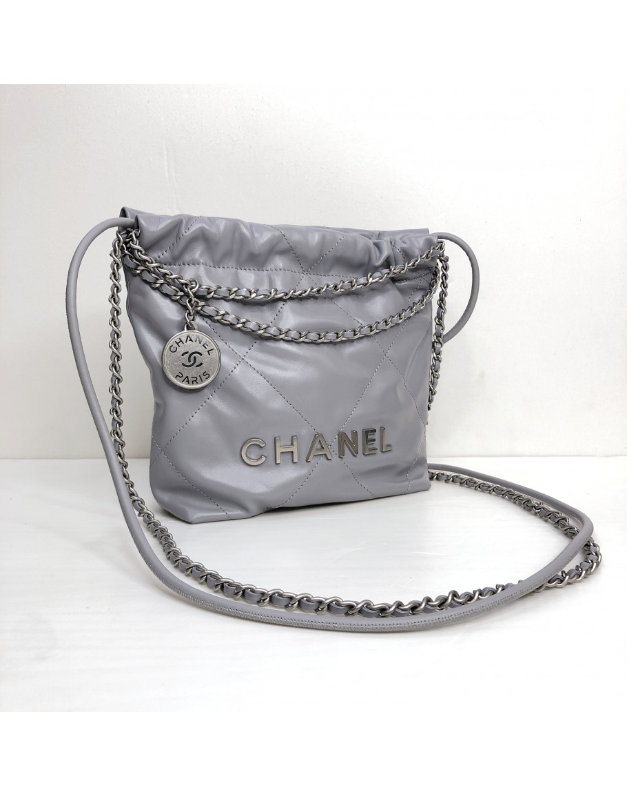 CHANEL 22 Mini Crossbody Handbag in Grey Calfskin – Silver Metal Hardware  (Year 2023)
