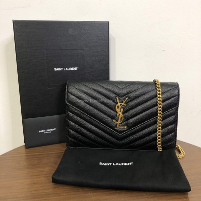 YVES SAINT LAURENT Medium Monogram Chain Wallet (WOC) in Black Grained Calfskin - GHW (Year 2022)